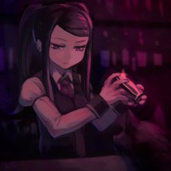 Rule 34 | 1girl, alcohol, bartender, bottle, closed mouth, collared shirt, cup, dark, dog, dress, drinking glass, half-closed eyes, holding, holding cup, holding drinking glass, indoors, jill stingray, juliet sleeves, long hair, long sleeves, looking at another, looking down, puffy sleeves, purple dress, purple eyes, purple hair, quad tails, rad shiba, reiesu (reis), shaking, shirt, signature, standing, va-11 hall-a, white shirt