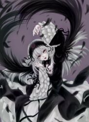 Rule 34 | 1girl, arm up, black dress, black wings, dress, expressionless, feathers, flower, frilled sleeves, frills, gothic lolita, grey hair, hairband, juliet sleeves, kiru (m putorius), lolita fashion, lolita hairband, long hair, long sleeves, looking up, pink eyes, puffy sleeves, red lips, rose, rozen maiden, solo, suigintou, white hair, wide sleeves, wings