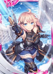 Rule 34 | 1girl, akkijin, angel wings, armor, armpits, bare shoulders, blonde hair, blue eyes, blue sky, breasts, card (medium), day, energy sword, feathers, flying, glowing, glowing weapon, holding, holding sword, holding weapon, large breasts, official art, shinkai no valkyrie, short hair, sky, smile, sword, thighhighs, weapon, wings