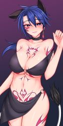Rule 34 | 1girl, alternate costume, alternate hair length, alternate hairstyle, animal ears, bare shoulders, blue eyes, blue hair, blush, breasts, choker, cleavage, closed mouth, collarbone, covered erect nipples, cowboy shot, doremy sweet, earrings, facial mark, hair between eyes, heart, heart-shaped pupils, heart tattoo, highres, jewelry, kuroba rapid, large breasts, long hair, looking at viewer, matching hair/eyes, navel, o-ring, o-ring bottom, o-ring top, pubic tattoo, revealing clothes, sarong, single earring, smile, solo, stomach, symbol-shaped pupils, tail, tapir ears, tapir tail, tattoo, touhou, underboob