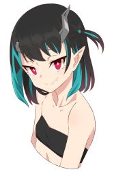 Rule 34 | 1girl, nanashi inc., akitetsu, bandeau, black bandeau, black hair, blue hair, closed mouth, collarbone, demon girl, demon horns, fang, flat chest, horns, looking at viewer, medium hair, multicolored hair, one side up, pointy ears, red eyes, shishio chris, simple background, smile, solo, sugar lyric, transparent background, two-tone hair, upper body, virtual youtuber