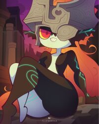 Rule 34 | 1girl, artist name, body markings, breasts, building, colored sclera, colored skin, commentary, english commentary, flipherrrr, grin, helmet, highres, long hair, midna, multicolored skin, nintendo, one eye covered, orange hair, pointy ears, sharp teeth, shortstack, sitting, small breasts, smile, solo, teeth, the legend of zelda, the legend of zelda: twilight princess, two-tone skin, very long hair, wide hips, yellow sclera