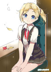 Rule 34 | 10s, 1girl, blonde hair, blue eyes, chair, kantai collection, leaf, looking at viewer, maikaze (kancolle), naitou ryuu, pleated skirt, ponytail, school uniform, sitting, skirt, smile, solo, twitter username