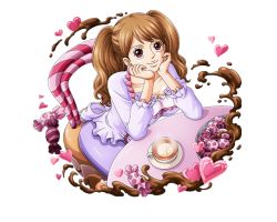 Rule 34 | 1girl, bodskih, breasts, brown eyes, candy, chair, charlotte pudding, chocolate, cleavage, cup, food, fruit, heart, lemon, long hair, official art, one piece, one piece treasure cruise, sitting, solo, teacup, transparent background, twintails