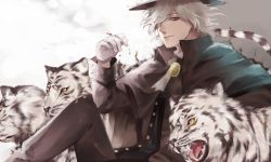 Rule 34 | 1boy, bad id, bad pixiv id, black gloves, capelet, cigarette, edmond dantes (fate), fate/grand order, fate (series), gloves, hair over one eye, hat, highres, holding, holding cigarette, ichinosenen, long sleeves, looking at viewer, male focus, parted lips, silver hair, sitting, smile, smoke, solo, tiger, white tiger, yellow eyes
