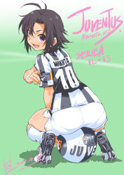 Rule 34 | 1girl, antenna hair, armband, ass, ball, black hair, cleats, clothes writing, color connection, dated, from behind, idolmaster, idolmaster (classic), inoue sora, italian text, juventus fc, kikuchi makoto, kneehighs, pantylines, purple eyes, short hair, shorts, signature, sitting, sitting on object, soccer, soccer ball, soccer uniform, socks, solo, sportswear, squatting, wristband