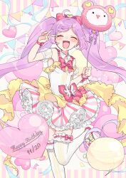 Rule 34 | 1girl, :d, ^ ^, ahoge, balloon, blush, bow, closed eyes, coattails, commentary request, detached collar, detached sleeves, dress, facing viewer, frilled skirt, frilled thighhighs, frills, hair bow, hand up, happy birthday, heart, heart balloon, highres, holding, holding balloon, kuma (pripara), layered skirt, long hair, manaka laala, marueri, multicolored clothes, multicolored dress, open mouth, pink bow, pink footwear, pretty series, pripara, puffy detached sleeves, puffy sleeves, purple hair, shoes, short dress, skirt, sleeveless, sleeveless dress, smile, solo, standing, standing on one leg, string of flags, thighhighs, twintails, v over eye, very long hair, waist bow, white sleeves, white thighhighs