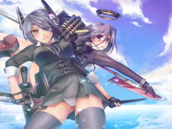 Rule 34 | 10s, 2girls, black gloves, black legwear, black skirt, blue sky, breasts, cardigan, cloud, collared shirt, contrapposto, cowboy shot, day, diving, eyepatch, fingerless gloves, flying, glaive (polearm), gloves, halo, headgear, kantai collection, kittika thaworn, large breasts, leaning back, long sleeves, looking at viewer, looking to the side, machinery, mechanical halo, microskirt, multiple girls, necktie, ocean, open mouth, panties, pantyshot, plaid, plaid necktie, plaid neckwear, pleated skirt, polearm, purple eyes, purple hair, sheath, sheathed, shirt, shoes, short hair, skirt, sky, sleeves rolled up, smile, standing, sword, tatsuta (kancolle), tenryuu (kancolle), thighhighs, underwear, weapon, white panties, yellow eyes