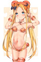 Rule 34 | 1girl, abigail williams (fate), absurdres, armpits, bare shoulders, black bow, blonde hair, blue eyes, blush, bow, breasts, fate/grand order, fate (series), forehead, highres, long hair, looking at viewer, multiple bows, navel, open mouth, orange bow, orange thighhighs, parted bangs, small breasts, thighhighs, thighs, yukineko1018