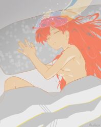 Rule 34 | 1girl, artist name, aseiusx, bed, breasts, brown hair, completely nude, hair down, highres, hugging object, long hair, lying, medium breasts, navel, neon genesis evangelion, nude, on bed, pillow, pillow hug, shiny skin, signature, simple background, sleeping, solo, souryuu asuka langley, stomach, thighs, very long hair, wide hips
