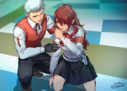 1boy 1girl black_gloves black_pants black_skirt blue_hair commentary english_commentary gloves indoors kirijou_mitsuru kneeling long_sleeves miniskirt pants persona persona_3 red_eyes red_hair red_vest sanada_akihiko shirt short_hair skirt soc_nau sweater_vest vest white_shirt