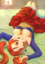 Rule 34 | 1girl, artist request, bad id, bad twitter id, bare shoulders, breasts, brown eyes, bursting breasts, cleavage, commentary request, corset, dragon quest, dragon quest viii, dress, earrings, highres, jessica albert, jewelry, large breasts, long hair, looking at viewer, open mouth, red hair, solo, strapless, twintails
