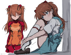 Rule 34 | 1girl, artist request, ass, blue eyes, blush, breasts, brown hair, covered navel, dated, evangelion: 2.0 you can (not) advance, fetal position, full body, hair ornament, highres, long hair, looking to the side, multiple views, neon genesis evangelion, plugsuit, rebuild of evangelion, school uniform, shoes, unworn shoes, simple background, sitting, skirt, small breasts, socks, souryuu asuka langley, standing, sweat, test plugsuit, tsundere, two side up, upper body, white hair
