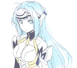 Rule 34 | 1girl, android, bare shoulders, blue eyes, blue hair, breasts, elbow gloves, expressionless, forehead protector, gloves, kos-mos, kos-mos re:, leotard, long hair, looking at viewer, mizuki riko, nintendo, solo, very long hair, xenoblade chronicles (series), xenoblade chronicles 2, xenoblade chronicles (series), xenoblade chronicles 2, xenosaga