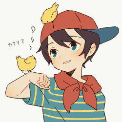 Rule 34 | 1boy, animal, animal on head, bird, bird on hand, bird on head, black hair, blue eyes, male focus, mother (game), mother 1, musical note, neckerchief, ninten, nintendo, on head, parted lips, red neckerchief, shifumame, shirt, short hair, sideways hat, simple background, solo, striped clothes, striped shirt, translated, white background