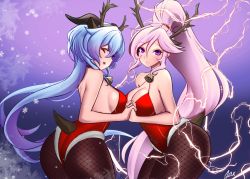 Rule 34 | 2girls, ahoge, animal costume, animal ears, antlers, ass, bare shoulders, bell, blue hair, blush, breasts, christmas, cleavage, crossover, curvy, deer ears, deer tail, embarrassed, fake animal ears, fake antlers, female focus, fire emblem, fishnet pantyhose, fishnets, fur-trimmed leotard, fur trim, ganyu (genshin impact), genshin impact, highres, holding hands, horns, ishtar (fire emblem), jaxdraws, large breasts, leotard, long hair, looking at viewer, looking back, matching outfits, medium breasts, multiple girls, neck bell, nintendo, open mouth, pantyhose, pink hair, ponytail, purple eyes, red leotard, reindeer antlers, reindeer costume, shiny clothes, shiny skin, sideboob, signature, smile, snowflakes, tail, thick thighs, thighs, very long hair, wide hips