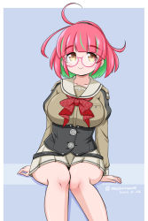 Rule 34 | 1girl, ahoge, bow, breasts, brown eyes, commentary request, corset, green hair, grey background, grey sailor collar, grey skirt, juliet sleeves, kantai collection, large breasts, long sleeves, masara (chuujou), multicolored hair, one-hour drawing challenge, pink-framed eyewear, pink hair, pleated skirt, ponytail, puffy sleeves, red bow, sailor collar, sailor shirt, school uniform, serafuku, shirt, short hair, sitting, skirt, solo, streaked hair, ume (kancolle)