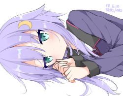 Rule 34 | 1girl, blue eyes, blush, closed mouth, dated, kantai collection, long hair, long sleeves, looking at viewer, moon, one-hour drawing challenge, purple hair, purple shirt, romumu, school uniform, serafuku, shirt, short hair with long locks, simple background, solo, twitter username, white background, yayoi (kancolle)