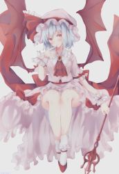 Rule 34 | 1girl, arm ribbon, ascot, bad id, bad pixiv id, bat wings, blue hair, blush, bow, brooch, closed mouth, collared shirt, commentary, finger to own chin, frilled shirt collar, frilled skirt, frills, full body, grey background, hand up, hat, hat ribbon, head tilt, highres, holding, holding polearm, holding spear, holding weapon, jewelry, legs, legs together, long skirt, looking at viewer, mob cap, nail polish, panties, pantyshot, pink hat, pink shirt, pink skirt, polearm, red bow, red eyes, red footwear, red nails, red ribbon, red wings, remilia scarlet, ribbon, shiromoru (yozakura rety), shirt, shoes, short hair, short sleeves, simple background, sitting, skirt, skirt set, socks, solo, spear, spear the gungnir, touhou, underwear, weapon, white panties, white socks, wings, wrist cuffs