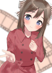 Rule 34 | 1girl, absurdres, aqua eyes, artist name, artist request, audrey (love live!), belt, black bow, blue eyes, blush, bow, bow hairband, breasts, brown hair, buttons, clenched hand, close-up, coat, collared coat, dress, female focus, film strip, hair between eyes, hair bow, hairband, half updo, high ponytail, highres, long hair, long sleeves, looking at viewer, love live!, love live! nijigasaki high school idol club, love live! school idol festival, miniskirt, movie camera, osaka shizuku, parted lips, plaid, plaid skirt, pleated, pleated skirt, ponytail, reaching, reaching towards viewer, red belt, red bow, red coat, red dress, red ribbon, red skirt, ribbon, sidelocks, skirt, smile, solo, striped, striped bow, sunya (honorin-yuunibo), sunya (honorin megumin), sunya (pixiv17390904), trench coat, white background, white bow, wing collar
