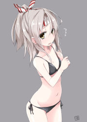 Rule 34 | 10s, 1girl, ariyoshi gen, bad id, bad pixiv id, bare shoulders, bikini, black bikini, blush, breasts, brown hair, cowboy shot, flat chest, grey background, hachimaki, half updo, headband, high ponytail, kantai collection, looking at viewer, navel, open mouth, side-tie bikini bottom, silver hair, simple background, small breasts, solo, swimsuit, wavy mouth, zuihou (kancolle)