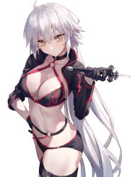 Rule 34 | 1girl, breasts, cleavage, fate/grand order, fate (series), highres, jacket, jeanne d&#039;arc alter (fate), jeanne d&#039;arc alter (swimsuit berserker) (fate), long hair, medium breasts, official alternate costume, open clothes, open jacket, simple background, solid oval eyes, solo, swimsuit, sword, tesin (7aehyun), weapon, white hair, yellow eyes