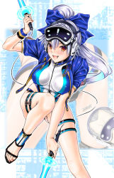 Rule 34 | 1boy, 1girl, blue bow, blue jacket, blue one-piece swimsuit, blush, bow, breasts, competition swimsuit, dual wielding, energy sword, fate/grand order, fate (series), grey hair, hair between eyes, hair bow, head-mounted display, headphones, highleg, highleg swimsuit, holding, jacket, large breasts, long hair, looking at viewer, one-piece swimsuit, open mouth, ponytail, red eyes, revision, short hair, short sleeves, smile, swimsuit, sword, thighs, tomoe gozen (fate), tomoe gozen (swimsuit saber) (fate), tomoe gozen (swimsuit saber) (first ascension) (fate), two-tone swimsuit, weapon, white one-piece swimsuit, yagyuu munenori (fate), yuuse kouichi