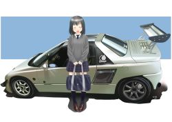 Rule 34 | 1girl, :d, :o, ^ ^, autozam, autozam az-1, bag, black hair, black legwear, blush, car, cardigan, closed eyes, flat chest, happy, highres, loafers, long sleeves, mazda, motor vehicle, necktie, open mouth, perspective, pigeon-toed, plaid, plaid skirt, pleated skirt, reflection, retsumaru, school uniform, shoes, short hair, signature, simple background, skirt, sleeves past wrists, smile, solo, standing, v-neck, vehicle, vehicle focus