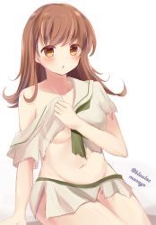 Rule 34 | 10s, 1girl, :o, bad id, bad nicoseiga id, beige shirt, blush, breasts, brown hair, collarbone, covering privates, covering one breast, cowboy shot, eyebrows, green ribbon, groin, kantai collection, looking at viewer, masayo (gin no ame), midriff, navel, neckerchief, ooi (kancolle), orange eyes, parted lips, ribbon, school uniform, serafuku, shirt, short sleeves, simple background, sitting, skirt, solo, stomach, tareme, thighs, torn clothes, torn shirt, torn skirt, twitter username, underboob, white background