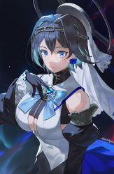 Rule 34 | 1girl, blue eyes, blue hair, bow, bow earrings, breasts, chain, chain headband, cleavage, clock hands, clothing cutout, detached sleeves, earrings, gloves, hair intakes, hand on own chest, head chain, highres, hololive, hololive english, jewelry, large breasts, looking at viewer, ouro kronii, ouro kronii (1st costume), ribbon earrings, sem (honey sv), short hair, smile, solo, underboob cutout, veil, virtual youtuber, white veil