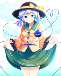Rule 34 | 1girl, alternate eye color, alternate hair color, black hat, blue eyes, blue flower, blue hair, blue rose, bow, breasts, closed mouth, collared shirt, cowboy shot, floral background, flower, frilled sleeves, frills, gem, green skirt, hat, hat bow, heart, heart of string, komeiji koishi, large bow, long sleeves, medium hair, nagomian, rose, rose background, shirt, skirt, skirt hold, small breasts, smile, solo, standing, string, tareme, touhou, wide sleeves, yellow bow, yellow shirt