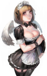 Rule 34 | 1girl, aoin, apron, black thighhighs, blonde hair, borrowed character, breasts, brown eyes, cleavage, female focus, garter straps, highres, large breasts, maid, maid headdress, original, short hair, skirt, solo, thighhighs, tray, waist apron, wings, wrist cuffs