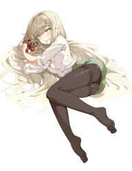 Rule 34 | 1girl, absurdres, ass, blonde hair, blush, breasts, chocolate, cleavage, commentary, eucharist (neural cloud), fang, full body, girls&#039; frontline, girls&#039; frontline neural cloud, green eyes, green skirt, hair down, hair in own mouth, highres, holding, lemures, long hair, looking at viewer, lying, no shoes, office lady, on side, open clothes, open mouth, open shirt, panties, panties under pantyhose, pantyhose, pencil skirt, red ribbon, ribbon, shirt, simple background, skin fang, skirt, sleeves rolled up, small breasts, solo, thighband pantyhose, underwear, valentine, very long hair, white background, white shirt