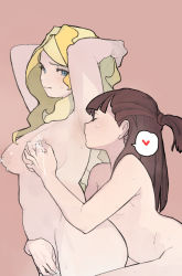 Rule 34 | 2girls, armpits, artist request, blonde hair, blue eyes, blush, grabbing another&#039;s breast, breasts, brown hair, couple, diana cavendish, closed eyes, grabbing, highres, inverted nipples, kagari atsuko, lactation, licking, little witch academia, long hair, looking at another, medium breasts, milk, moaning, multicolored hair, multiple girls, nipples, nude, simple background, small breasts, source request, sweat, yuri
