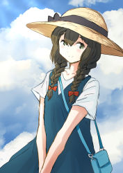 Rule 34 | 1girl, bag, black eyes, black hair, blouse, blue dress, braid, brown hat, commentary request, dress, fuji (pixiv24804665), hair between eyes, hair over one eye, hat, highres, isonami (kancolle), kantai collection, official alternate costume, pinafore dress, shirt, sidelocks, sleeveless, sleeveless dress, solo, sun hat, sundress, twin braids, v arms, white shirt