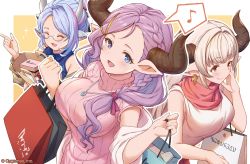 Rule 34 | 3girls, ^ ^, alicia (granblue fantasy), animal ears, ankh, artist request, bag, bare shoulders, blue eyes, blue hair, braid, brown eyes, casual, clenched hand, closed eyes, cow ears, draph, dress, earrings, glasses, granblue fantasy, hair intakes, hair ornament, hairclip, horns, jewelry, laruna (granblue fantasy), long hair, mature female, mother&#039;s day, multicolored hair, multiple girls, musical note, necklace, official art, open mouth, pink hair, pointy ears, ribbed dress, shatola&#039;s mother (granblue fantasy), shawl, shopping bag, short hair, shortstack, single braid, smile, sparkle, spoken musical note, streaked hair, turtleneck, white hair