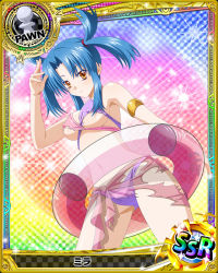 Rule 34 | 10s, 1girl, alternate hairstyle, armlet, armpits, bikini, blue hair, border, breasts, brown eyes, card (medium), character name, chess piece, covered erect nipples, cowboy shot, expressionless, from below, hand up, high school dxd, innertube, large breasts, legs apart, looking at viewer, magic circle, mira (high school dxd), navel, official art, orange eyes, pawn (chess), purple bikini, quad tails, runes, sarong, scrunchie, see-through, see-through sarong, sidelocks, solo, sparkle, swim ring, swimsuit, thighs, torn clothes, torn swimsuit, trading card, transparent, underboob