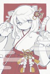 Rule 34 | 1girl, animal ears, animal hands, awaya yawako, border, chinese zodiac, closed mouth, commentary, cowboy shot, dot mouth, dot nose, egasumi, flower knot, grey eyes, hair ornament, hakama, hakama skirt, hands up, highres, japanese clothes, long hair, long sleeves, looking at viewer, no sclera, original, outline, outside border, pale skin, red background, red hakama, red skirt, shide, skirt, solo, tail, textless version, white border, white hair, white outline, year of the tiger