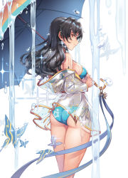 Rule 34 | 1girl, aqua bikini, ass, bikini, black hair, breasts, bug, butterfly, closed mouth, cowboy shot, from behind, highres, holding, holding umbrella, idolmaster, idolmaster million live!, idolmaster million live! theater days, insect, large breasts, long hair, looking back, machi (machi333), profile, raincoat, red eyes, see-through, smile, solo, sparkle, swimsuit, takayama sayoko, umbrella, water