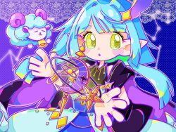 1girl :o anlis bare_shoulders blue_cloak blue_dress blue_hair blush cloak constellation deformed dress eversoul hair_ornament jewelry leo_(constellation) looking_to_the_side pointy_ears sheep short_hair solo star_(symbol) star_in_eye symbol_in_eye talia_(eversoul) two-tone_dress unworn_cloak yellow_eyes