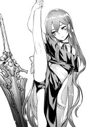 Rule 34 | 1girl, absurdres, arm up, bare shoulders, blush, choker, collarbone, copyright request, dress, feet out of frame, fixro2n, greyscale, hair between eyes, highres, leg up, long hair, looking away, looking to the side, monochrome, off-shoulder dress, off shoulder, official art, panties, parted lips, simple background, solo, split, standing, standing on one leg, standing split, sword, underwear, very long hair, weapon, white background
