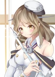 Rule 34 | 1girl, 1other, breasts, brown eyes, cleavage, commentary request, detached collar, detached sleeves, flute, glint, hat, highres, houston (kancolle), instrument, kantai collection, large breasts, light brown hair, long hair, looking at viewer, peaked cap, smile, upper body, white headwear, yukinko pastel