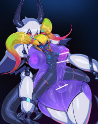 Rule 34 | 1futa, 1girl, android, bar censor, between breasts, black skin, blonde hair, blue background, blue eyes, blue sclera, blush, breasts, censored, claws, colored sclera, colored skin, erection, futa with female, futanari, giant, giantess, gradient hair, horns, huge penis, iota (pochincoff), joints, large breasts, long hair, medium breasts, multicolored hair, navel, nipples, no headwear, orca (pochincoff), original, penis, pink hair, pochincoff, precum, purple skin, red eyes, red sclera, robot, robot joints, spread legs, standing, tail, testicles, thighhighs, twintails, white skin