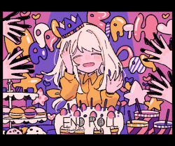 Rule 34 | 1girl, balloon, birthday cake, blush, border, cake, clapping, closed eyes, commentary request, copyright name, crown, disembodied hand, dress, drink, end roll, food, gardenia reitman, hands up, happy birthday, long hair, looking at viewer, macaron, open mouth, orange dress, paper crown, pink background, purple background, smile, solo focus, tamanoha (cookware), two-tone background, white hair