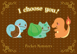 Rule 34 | animal focus, artist name, black eyes, blush, bright pupils, brown background, bulbasaur, charmander, closed mouth, copyright name, creatures (company), english text, fang, flame-tipped tail, game freak, gen 1 pokemon, nintendo, no humans, open mouth, pokemon, pokemon (creature), squirtle, starter pokemon trio, sunpic, turtle shell bikini, white pupils