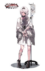 Rule 34 | 1girl, absurdres, ankle boots, bandaged arm, bandaged hand, bandages, belt buckle, belt collar, black hairband, black ribbon, black survival, blood, blood drip, blood on hands, blue eyes, boots, brown footwear, buckle, capelet, closed mouth, collar, collarbone, colored eyelashes, copyright name, corset, cross-laced clothes, cuffs, english text, evilgun, eyelashes, eyepatch, fringe trim, full body, grey sweater, hair over one eye, hairband, high-waist skirt, highres, injury, intravenous drip, leg wrap, legs apart, long sleeves, off-shoulder, off-shoulder sweater, off shoulder, ribbon, scar, scarf, short hair, simple background, sissela (black survival), skirt, solo, spaghetti strap, standing, stitches, sweater, tile floor, tiles, white background, white hair, white skirt