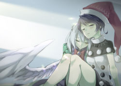 Rule 34 | 2girls, angel wings, bow, bowtie, braid, breasts, brooch, capelet, doremy sweet, dress, closed eyes, feet out of frame, french braid, grey background, highres, jewelry, kishin sagume, knees up, light particles, looking ahead, medium breasts, multiple girls, one eye closed, otomeza ryuseigun, pom pom (clothes), purple dress, simple background, single wing, sitting, sleeping, touhou, wings