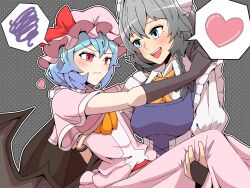 2girls bat_wings black_gloves blue_hair carrying elbow_gloves flape gloves grey_hair highres hug izayoi_sakuya multiple_girls princess_carry red_eyes remilia_scarlet short_hair smile touhou wings yuri