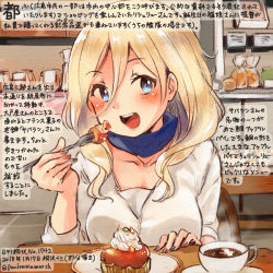 Rule 34 | 1girl, :d, alternate costume, black nails, blonde hair, blue eyes, cake, coffee, collarbone, colored pencil (medium), commentary request, cup, dated, food, fork, holding, holding fork, kantai collection, kirisawa juuzou, long hair, nail polish, numbered, open mouth, red nails, richelieu (kancolle), smile, solo, traditional media, translation request, twitter username