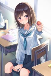 Rule 34 | 1girl, 1other, absurdres, black skirt, black socks, blue neckerchief, blush, brown hair, candy, chair, closed mouth, collarbone, commentary request, day, desk, enuni, feet out of frame, food, food in mouth, highres, holding, holding candy, holding food, holding lollipop, indoors, kneehighs, lollipop, long sleeves, mouth hold, neckerchief, original, pencil case, pleated skirt, purple eyes, revision, sailor collar, school chair, school desk, shirt, skirt, socks, solo focus, sunlight, white sailor collar, white shirt, window